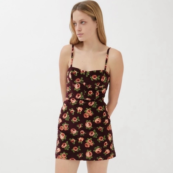 Urban Outfitters Red Rose Corduroy Velour Bustier Mini Dress - Picture 2 of 8